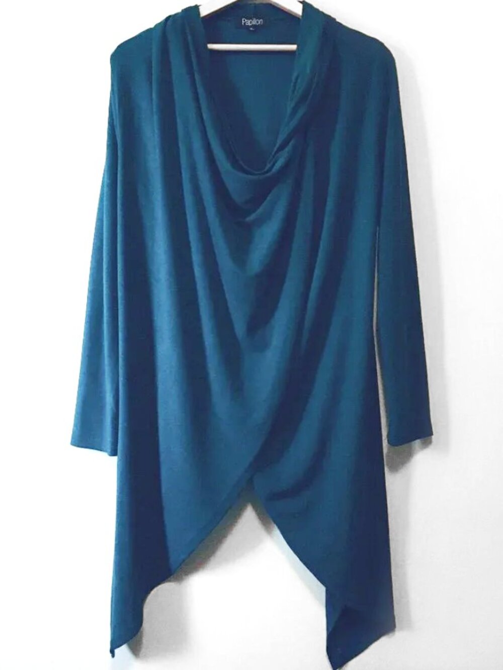 Papillon Peacock Blue Button Wrapover Handkerchief Hem Sweater Medium